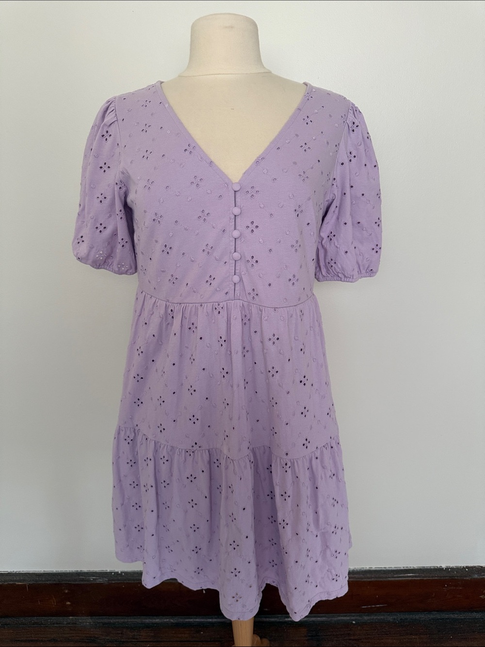 LOFT Lavender Eyelet V-Neck Puff Sleeve Mini Dress